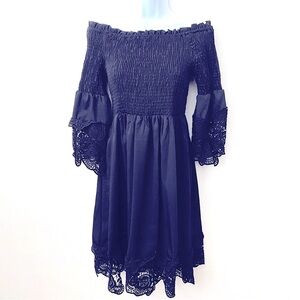 Beachsissi, Off the Shoulder Shirred Lace Detail Knee Length Dress